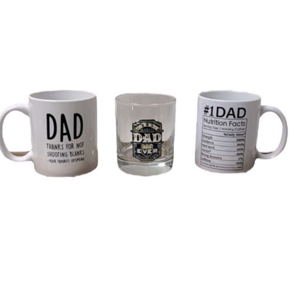 Set of (3) Father’s Day Best Dad! (2) mugs (1) 11oz Best DAD ever whiskey glass